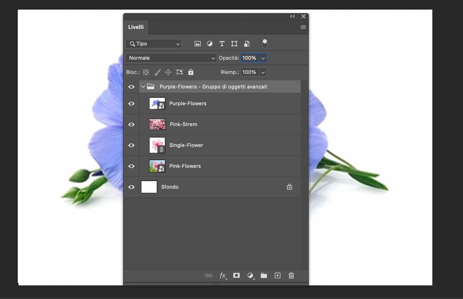 Il pannello Livelli è aperto e un Oggetto avanzato è convertito in un gruppo di livelli.I livelli originali appaiono all'interno del gruppo.