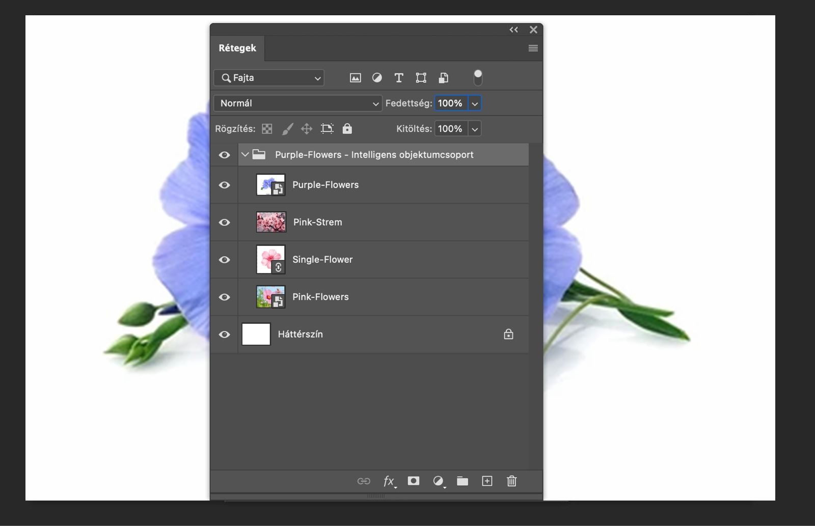 A Rétegek panel nyitva van, és egy intelligens objektum rétegcsoporttá lett alakítva.Az eredeti rétegek megjelennek a csoporton belül.