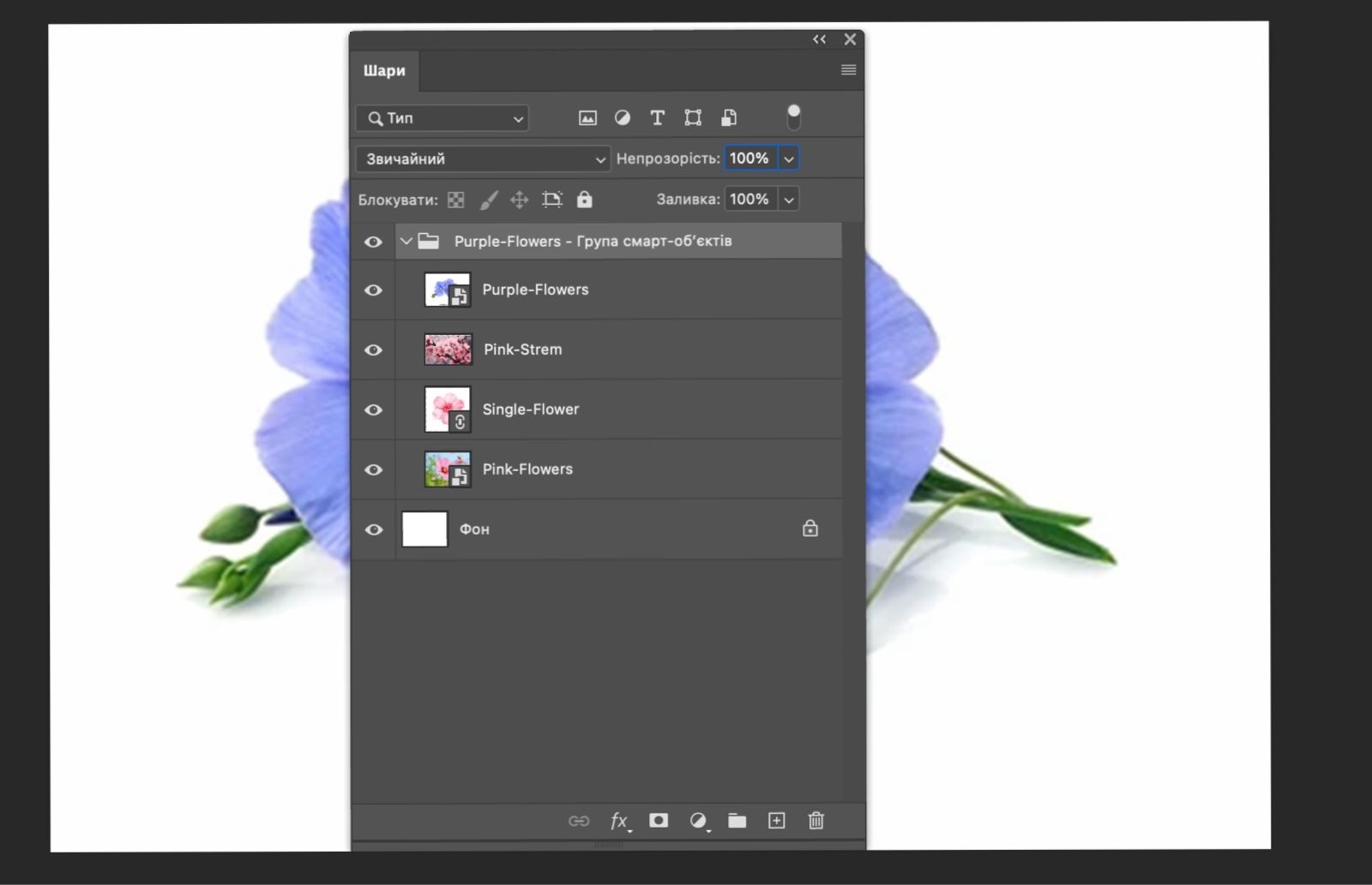 Панель «Шари» відкрита, і смарт-об'єкт перетворено на групу шарів. Оригінальні шари з'являються всередині групи.