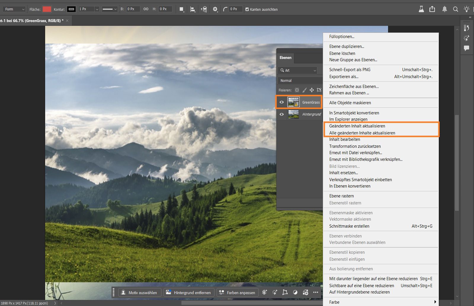 Das Ebenenbedienfeld ist geöffnet und zeigt ein Smartobjekt mit einem gelben Warnsymbol an. Das bedeutet, dass sich die verknüpfte Datei geändert hat und aktualisiert werden muss. Das gelbe Warnsymbol und die Aktualisierungsbefehle sind hervorgehoben.
