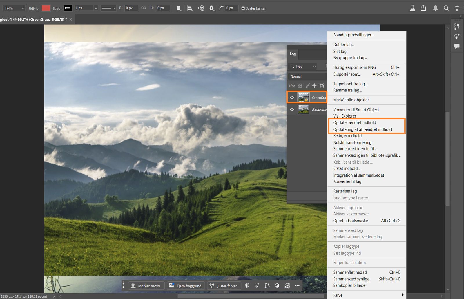 Panelet Lag er åbent og viser et Smart Object med et gult advarselsikon, hvilket betyder, at den sammenkædede fil er ændret og skal opdateres.Det gule advarselsikon og opdateringskommandoerne er fremhævet.