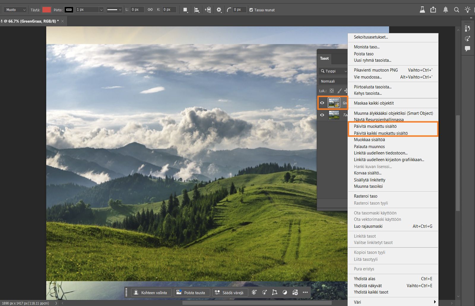 Avatussa Tasot-paneelissa on näkyvissä älykäs objekti, jonka yhteydessä näkyy keltainen varoituskuvake merkkinä siitä, että linkitetty tiedosto on muuttunut ja vaatii päivityksen. Keltainen varoituskuvake ja päivityskomennot on korostettu.