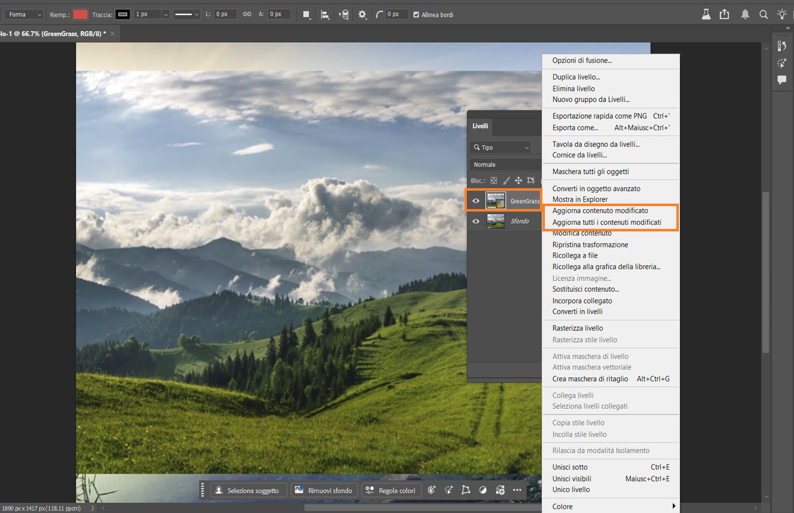 Il pannello Livelli è aperto e mostra un Oggetto Avanzato con un'icona di Avvertenza gialla, che indica che il file collegato è cambiato e necessita di un aggiornamento.L'icona di Avvertenza gialla e i comandi di aggiornamento sono evidenziati.