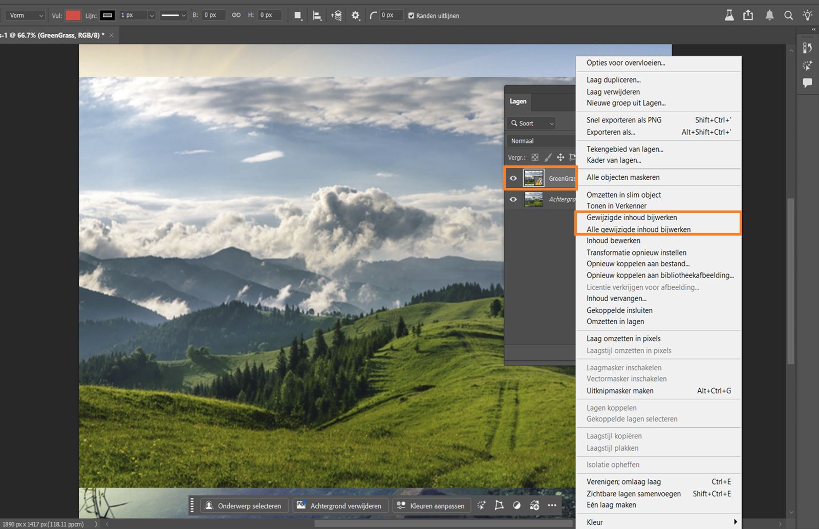 Het Lagen paneel is geopend en toont een Slim Object met een geel waarschuwingspictogram, wat betekent dat het gekoppelde bestand is gewijzigd en moet worden bijgewerkt.Het gele waarschuwingspictogram en de bijwerkopdrachten zijn gemarkeerd.