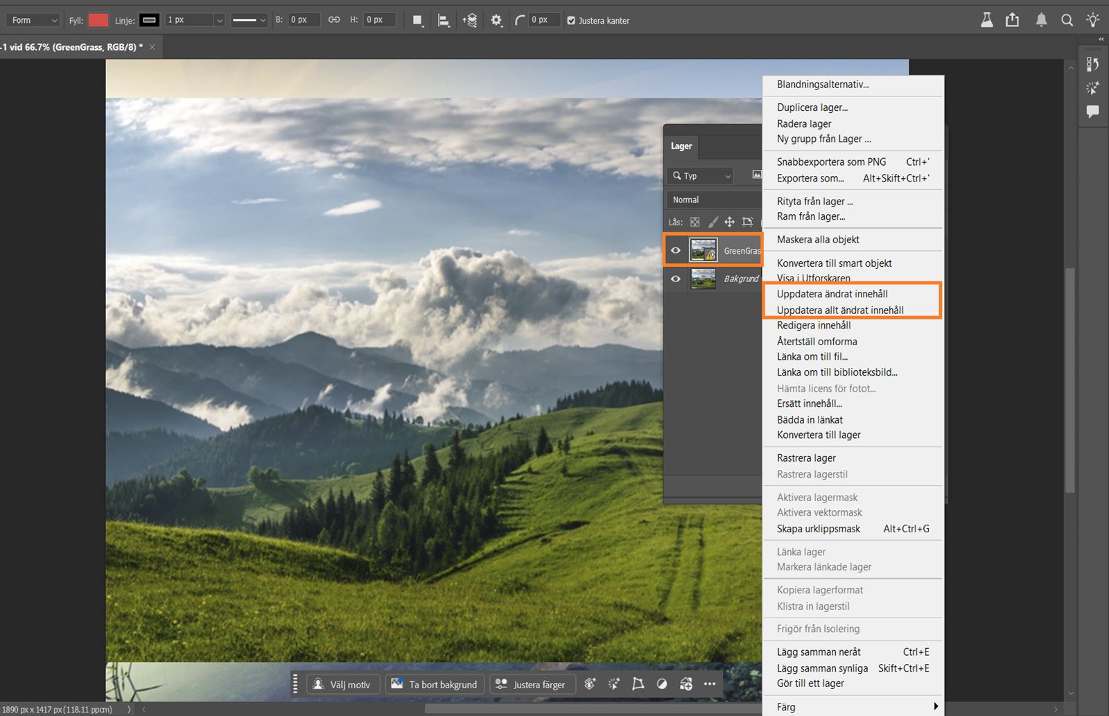 Lagerpanelen är öppen och visar ett smart objekt med en gul varningsikon, vilket betyder att den länkade filen har ändrats och behöver uppdateras.Den gula varningsikonen och uppdateringskommandona är markerade.