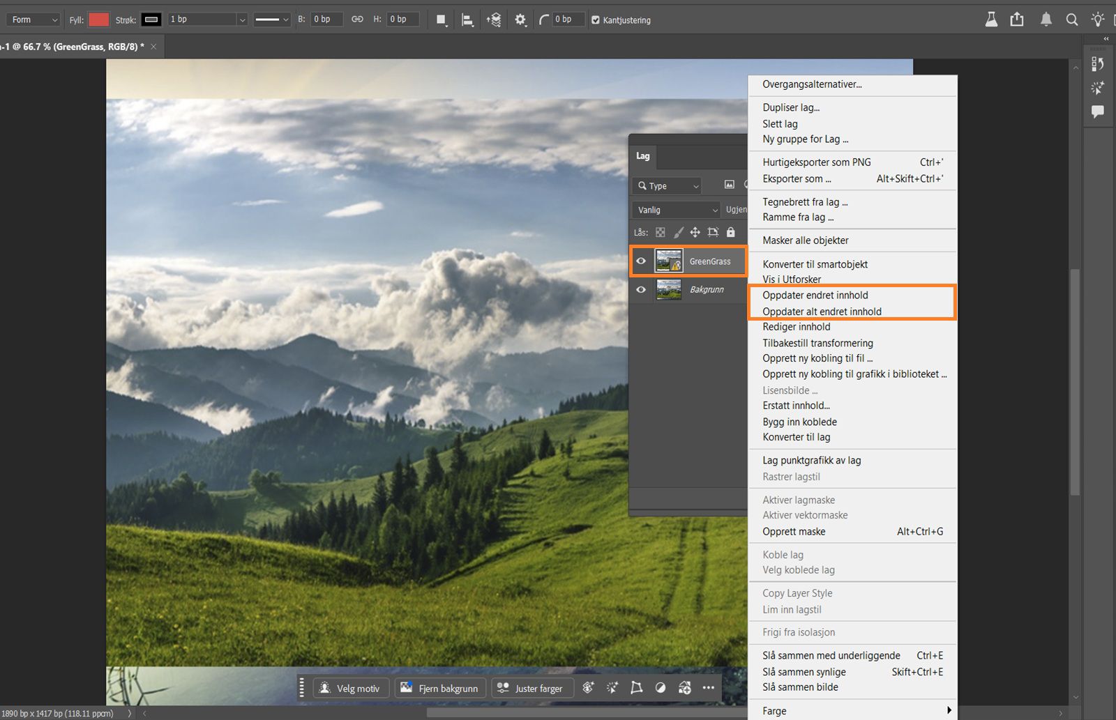 Lag-panelet er åpent og viser et smart objekt med et gult advarselsikon, som betyr at den koblede filen er endret og trenger en oppdatering.Det gule advarselsikonet og oppdateringskommandoene er fremhevet.
