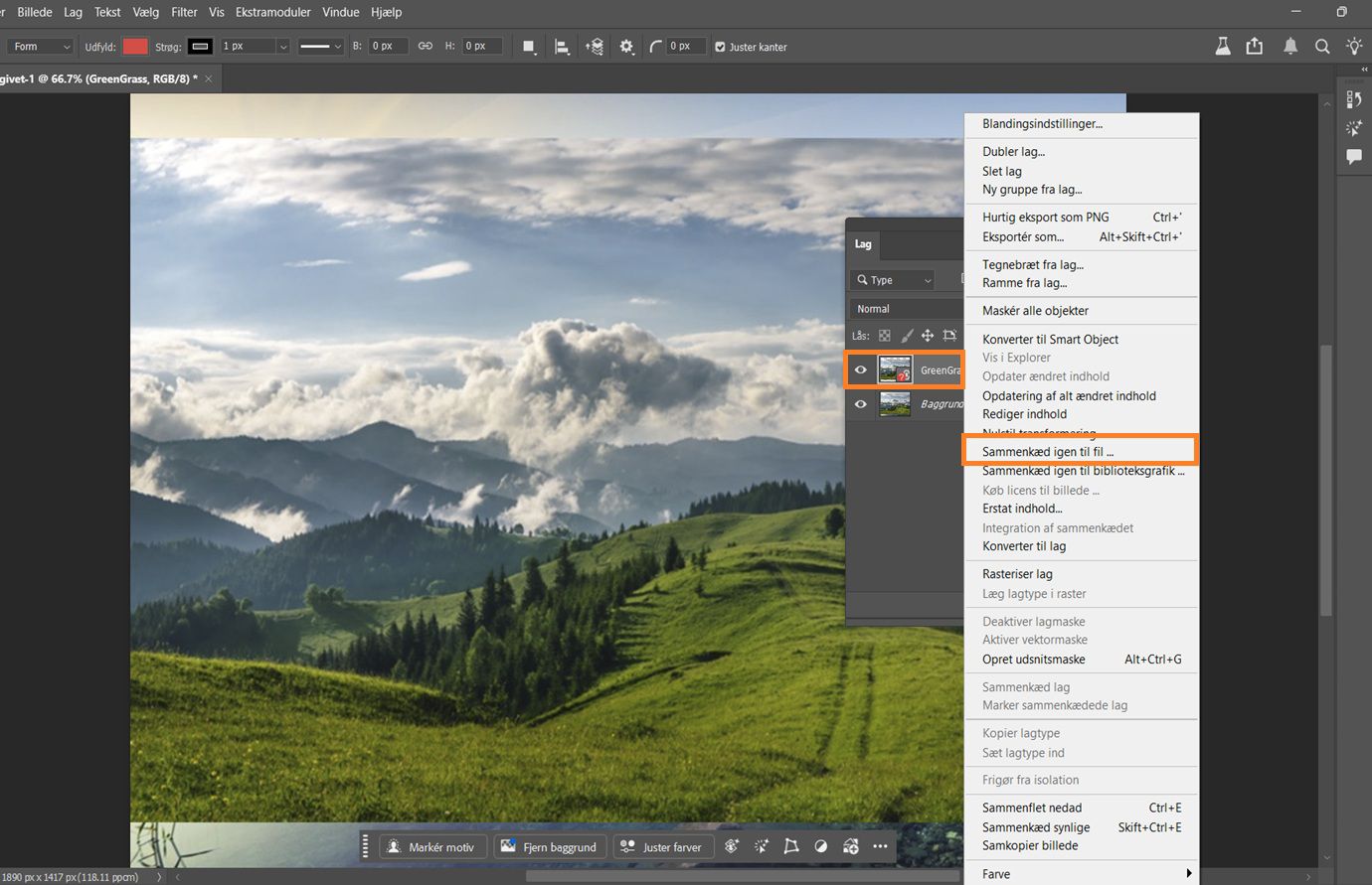 Panelet Lag er åbent og viser et Smart Object med et rødt ikon for manglende fil, hvilket betyder, at kildefilen ikke kan findes og skal sammenkædes igen.Ikonet for manglende fil og kommandoen for ny sammenkædning er fremhævet.