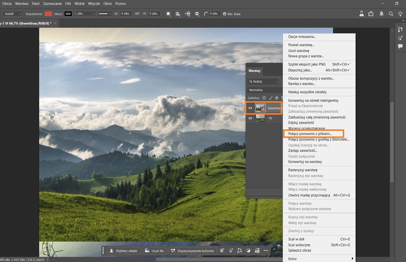 Otwarty Warstwy i obiekt inteligentny z czerwoną ikoną brakującego pliku, co oznacza, że nie można odnaleźć pliku źródłowego i należy go ponownie połączyć.Ikona brakującego pliku i polecenie ponownego połączenia są podświetlone.