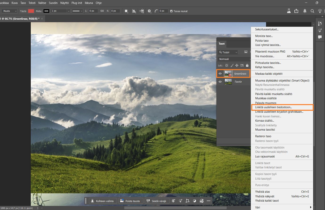 Tasot-paneelissa näkyy älykkään objektin yhteydessä punainen puuttuvan tiedoston kuvake merkkinä siitä, että lähdetiedostoa ei löydy ja että se täytyy linkittää uudelleen. Puuttuvan tiedoston kuvake ja uudelleenlinkityskomento on korostettu.