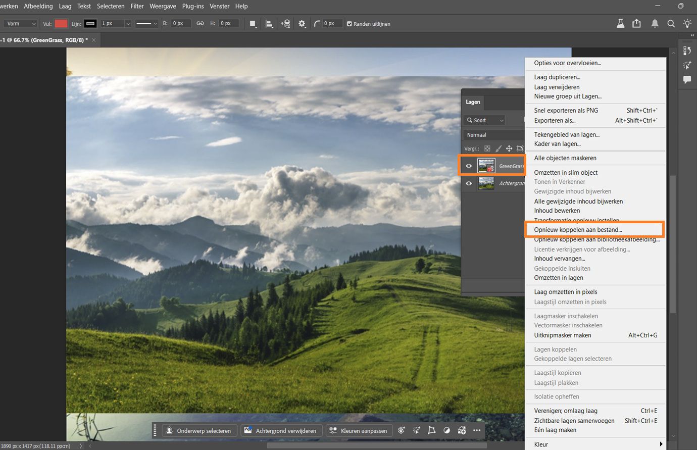 Het Lagen paneel is geopend en toont een Slim Object met een rood pictogram voor ontbrekend bestand, wat betekent dat het bronbestand niet kan worden gevonden en opnieuw moet worden gekoppeld.Het pictogram voor ontbrekend bestand en de opdracht voor opnieuw koppelen zijn gemarkeerd.