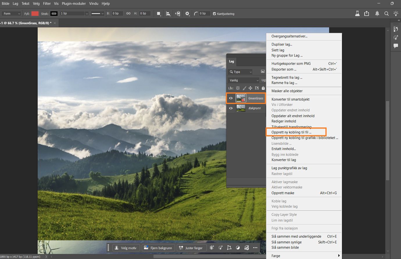 Lag-panelet er åpent og viser et smart objekt med et rødt ikon for manglende fil, som betyr at kildefilen ikke kan finnes og må kobles på nytt.Ikonet for manglende fil og kommandoen for å koble på nytt er fremhevet.