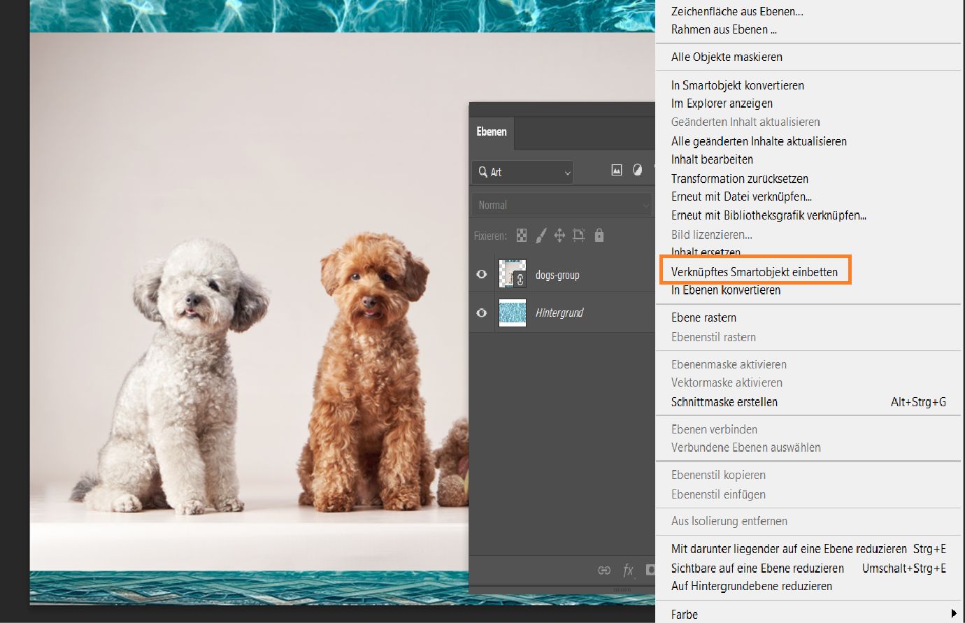Das Ebenenbedienfeld zeigt eine gewählte verknüpfte Smartobjekt-Ebene mit der hervorgehobenen Option „Verknüpfung einbetten“ im Menü.