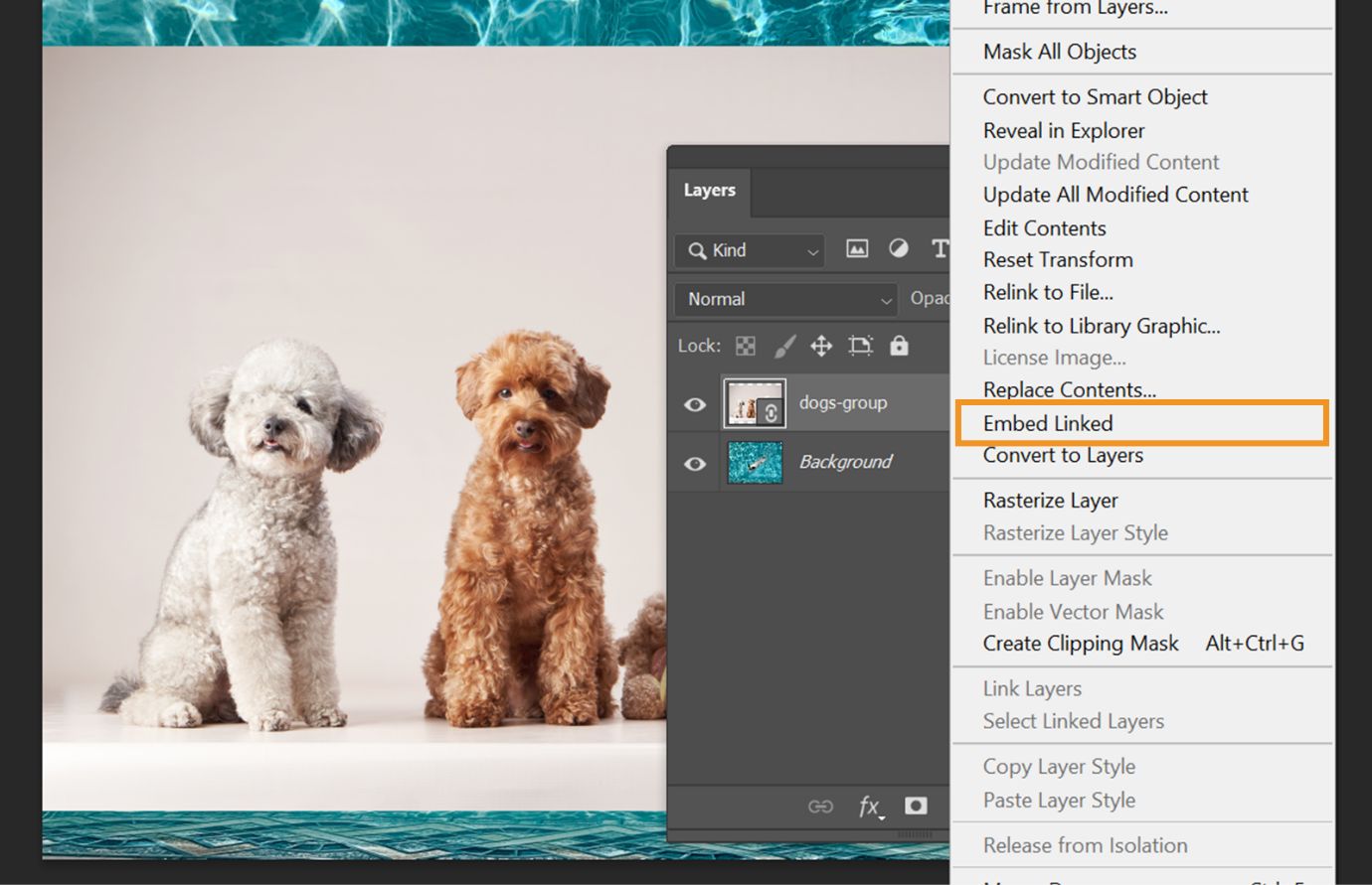 הלוח Layers מציג שכבת Smart Object מקושר שנבחרה עם האפשרות Embed Linked מודגשת בתפריט.