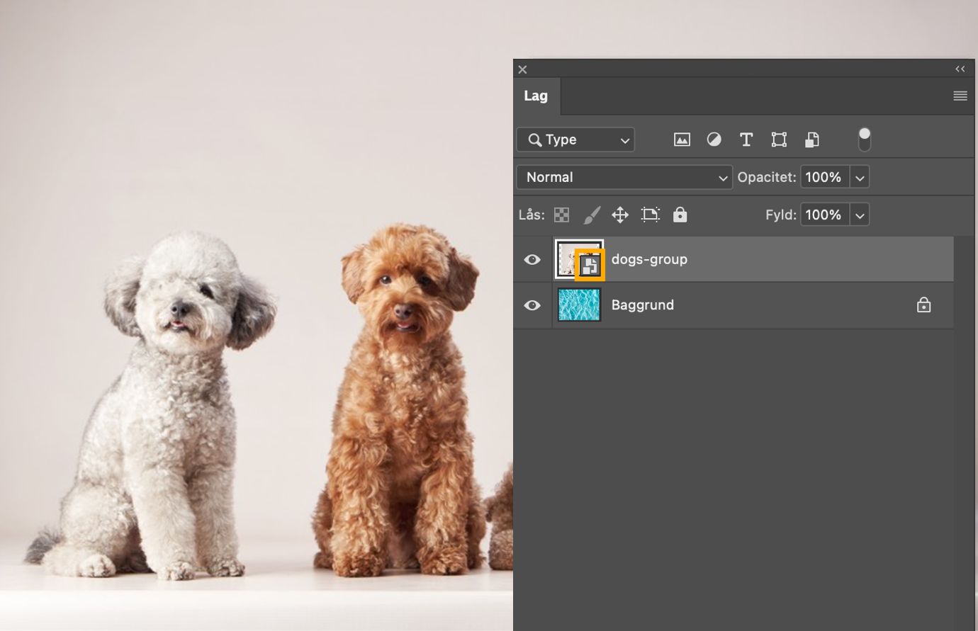Panelet Lag viser det samme valgte lag uden et sammenkædningsikon, hvilket bekræfter, at det nu er et integreret Smart Object.