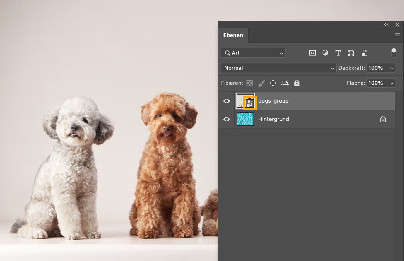 Das Ebenenbedienfeld zeigt dieselbe ausgewählte Ebene ohne Verknüpfungssymbol und bestätigt damit, dass es sich jetzt um ein eingebettetes Smartobjekt handelt.