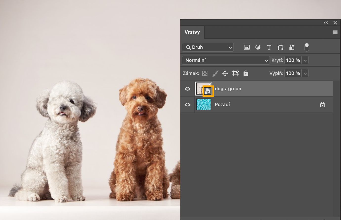 Panel vrstev zobrazuje stejnou vybranou vrstvu bez ikony odkazu, což potvrzuje, že je nyní vloženým chytrým objektem.