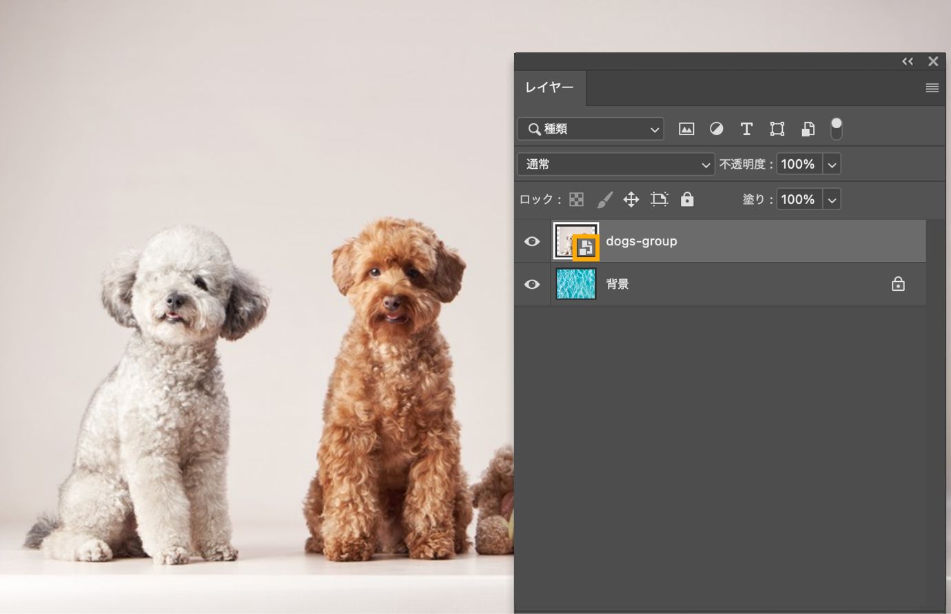 レイヤーパネルには、選択された同じレイヤーがリンクアイコンなしで表示され、埋め込みスマートオブジェクトになったことが確認できます。