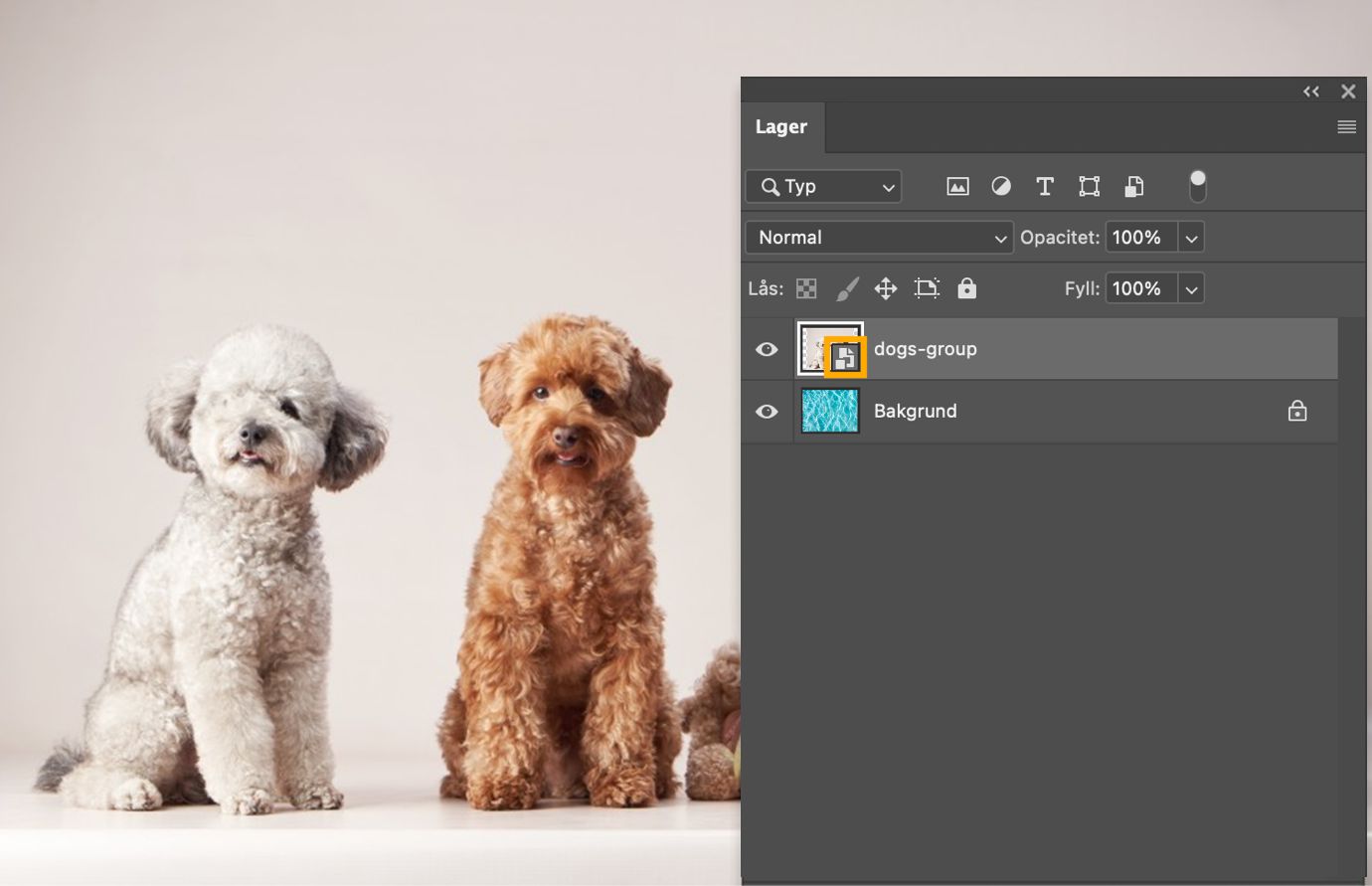 Layers panel visar samma markerade lager utan länkikon, vilket bekräftar att det nu är ett inbäddat smart objekt.
