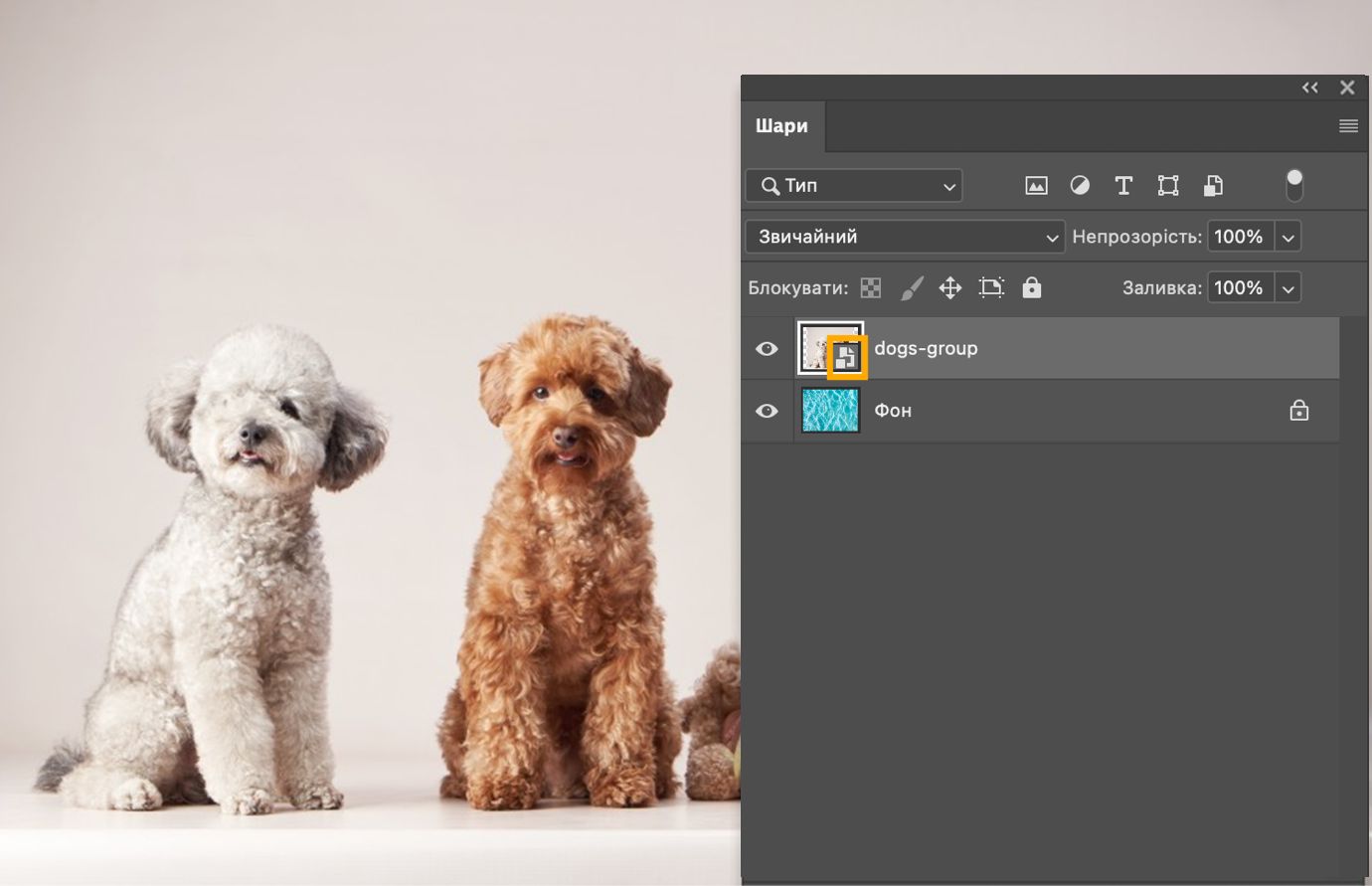 На панелі «Шари» показано той самий вибраний шар без значка зв'язку, що підтверджує, що тепер це вбудований смарт-об'єкт.