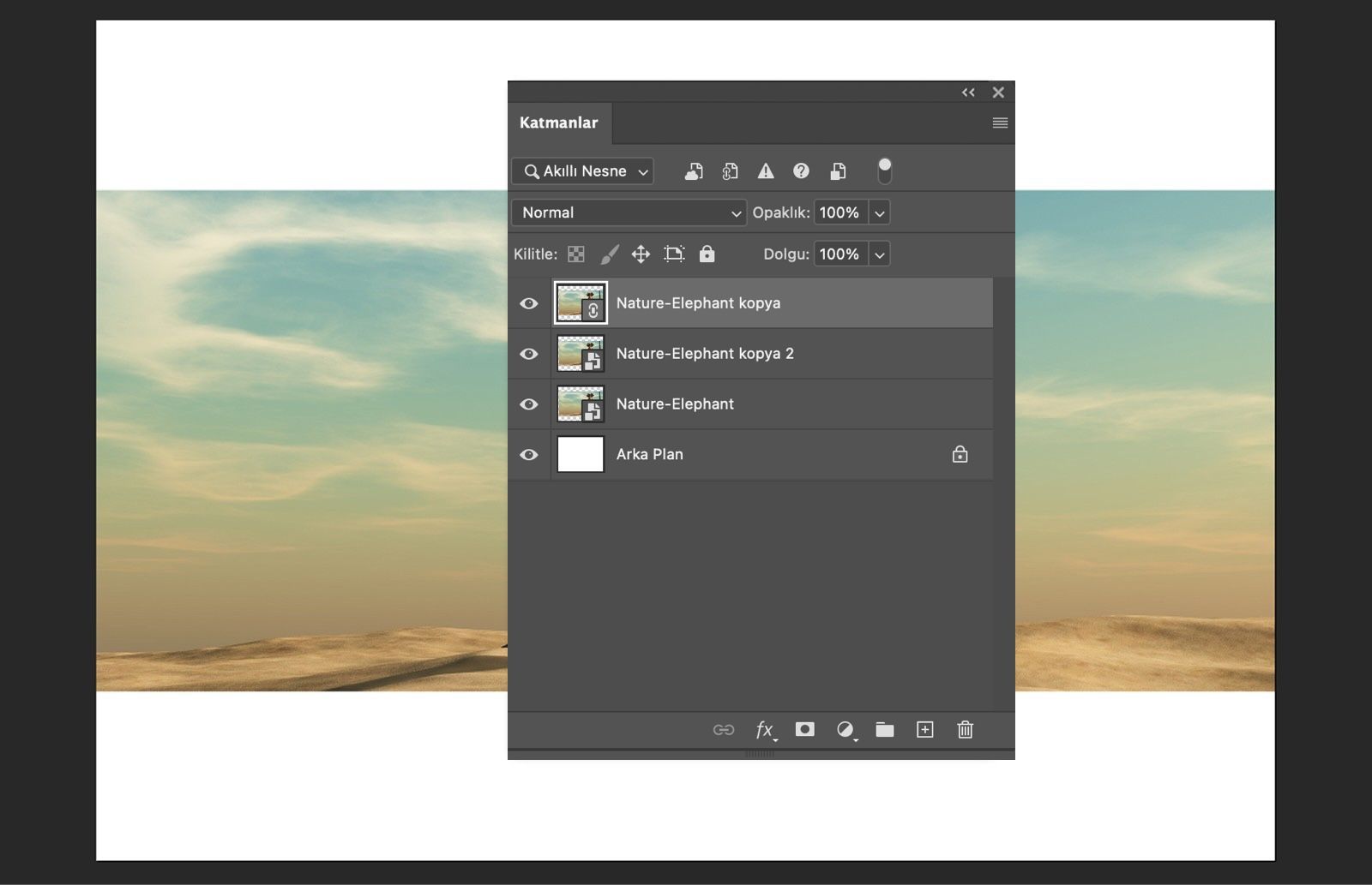 Katmanlar paneli orijinal, bağlantılı ve bağımsız Akıllı Nesneleri belge arka planıyla birlikte gösterir.