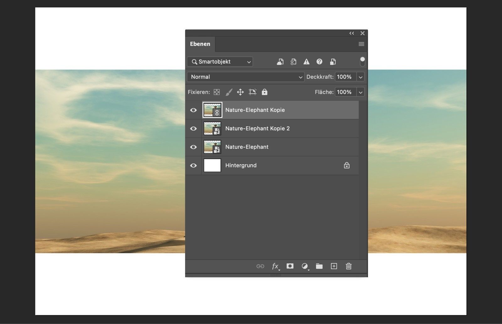 Das Ebenenbedienfeld zeigt das Original, die verknüpften und die unabhängigen Smartobjekte sowie den Dokumenthintergrund.
