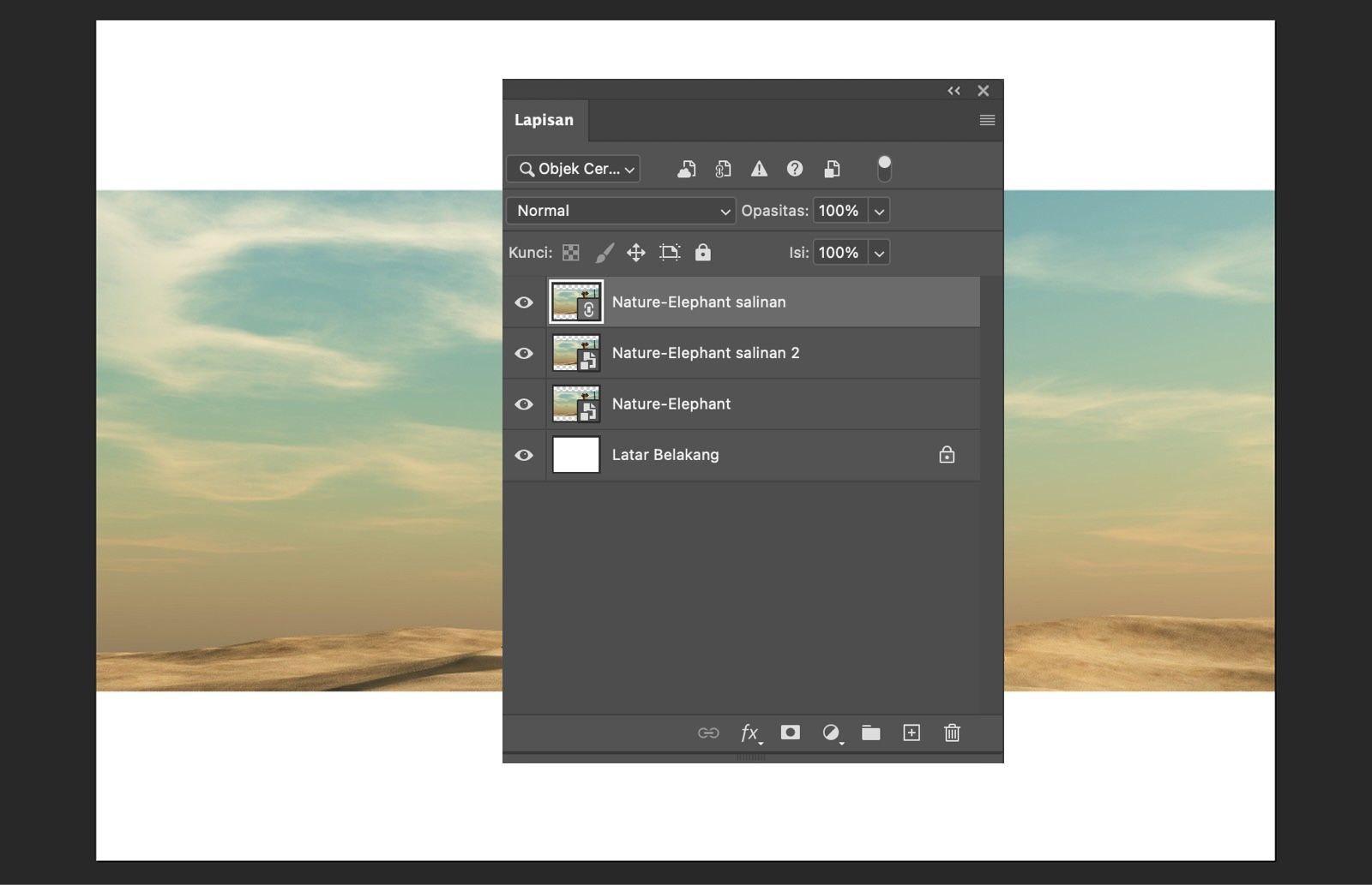 Panel Lapisan menampilkan Objek Cerdas asli, tertaut, dan independen, beserta latar belakang dokumen.