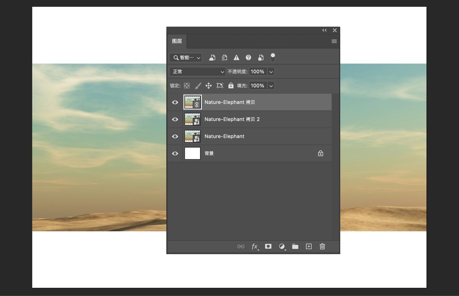 “图层”面板显示原始智能对象、链接的智能对象以及独立智能对象，还有文档背景。