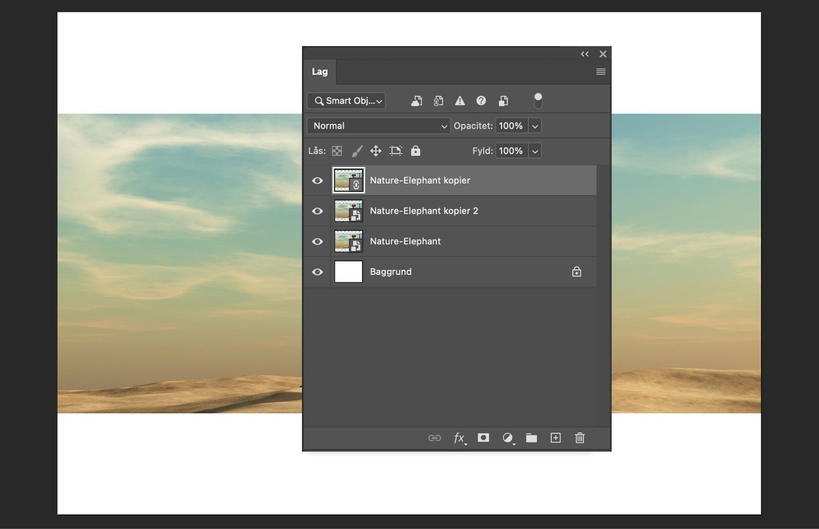 Lag-panelet viser det originale, forbundne og uafhængige Smart Objects sammen med dokumentbaggrunden.