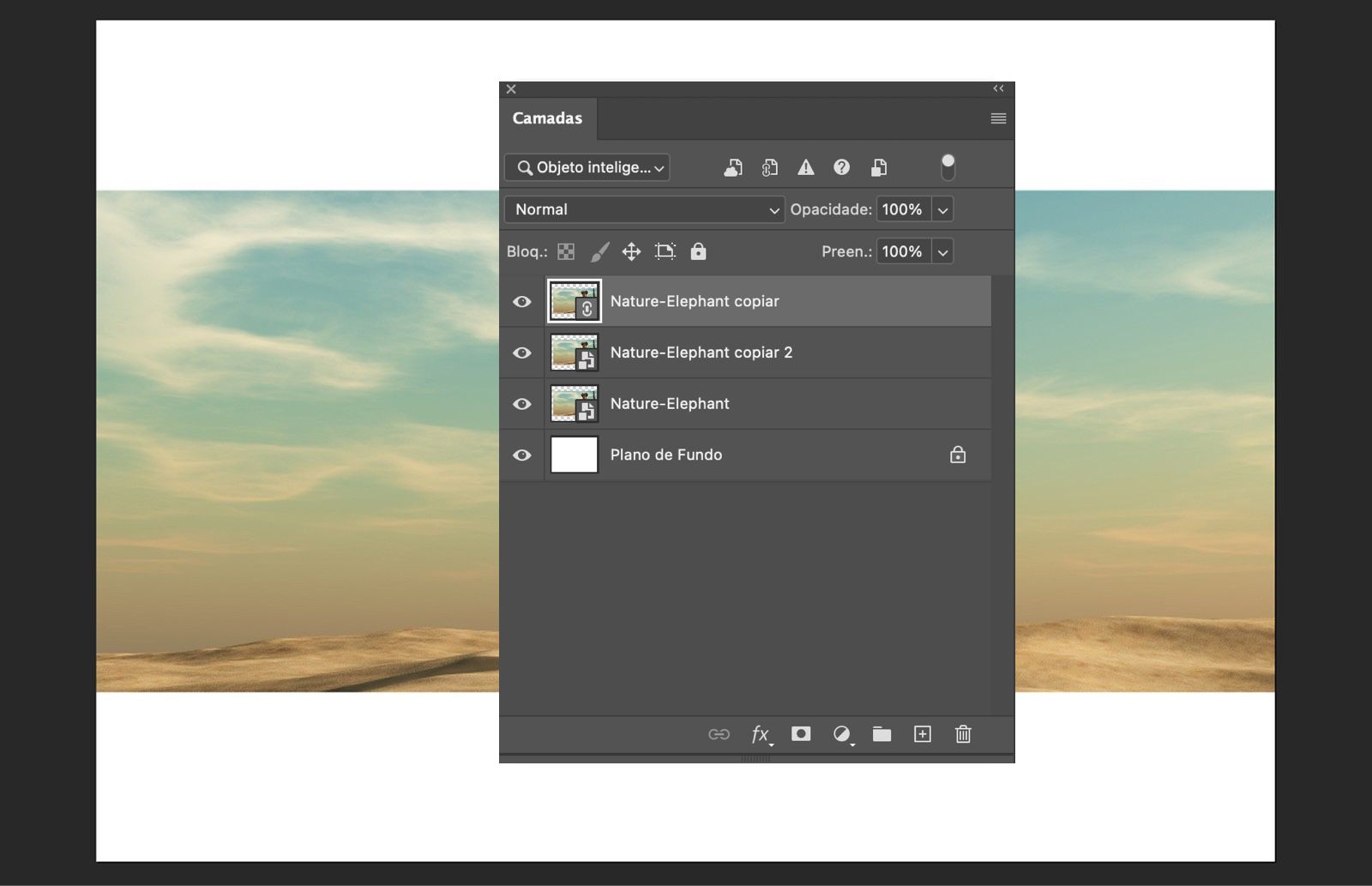 O painel Camadas mostra os Objetos inteligentes original, vinculado e independente, junto com o plano de fundo do documento.