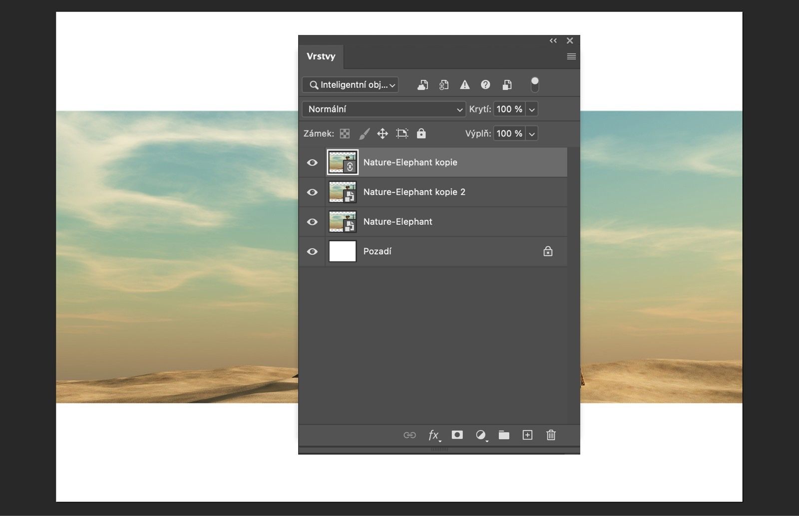 Panel Vrstvy zobrazuje původní, propojené a nezávislé chytré objekty spolu s pozadím dokumentu.