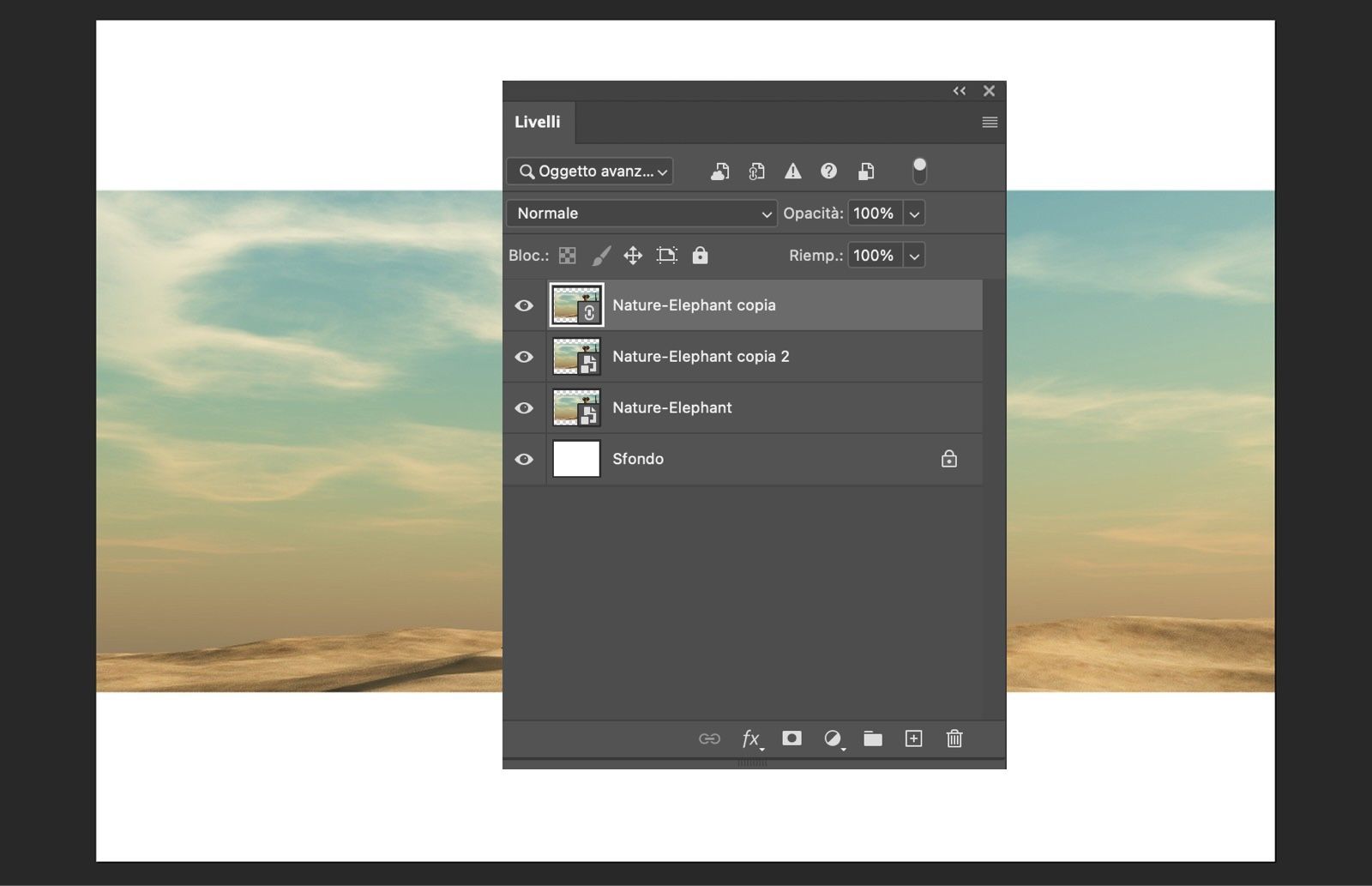 Il pannello Livelli mostra l'Oggetto Avanzato originale, collegato e indipendente, insieme allo sfondo del documento.