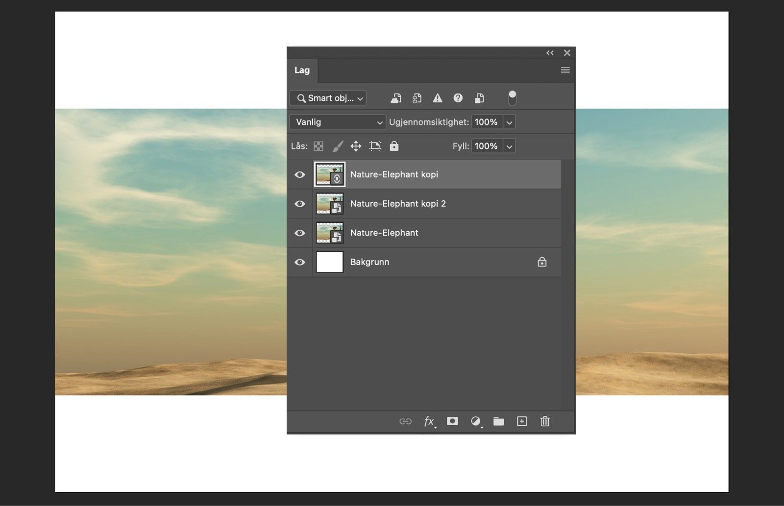 Lag-panelet viser originalen, koblede og uavhengige smarte objekter, sammen med dokumentbakgrunnen.
