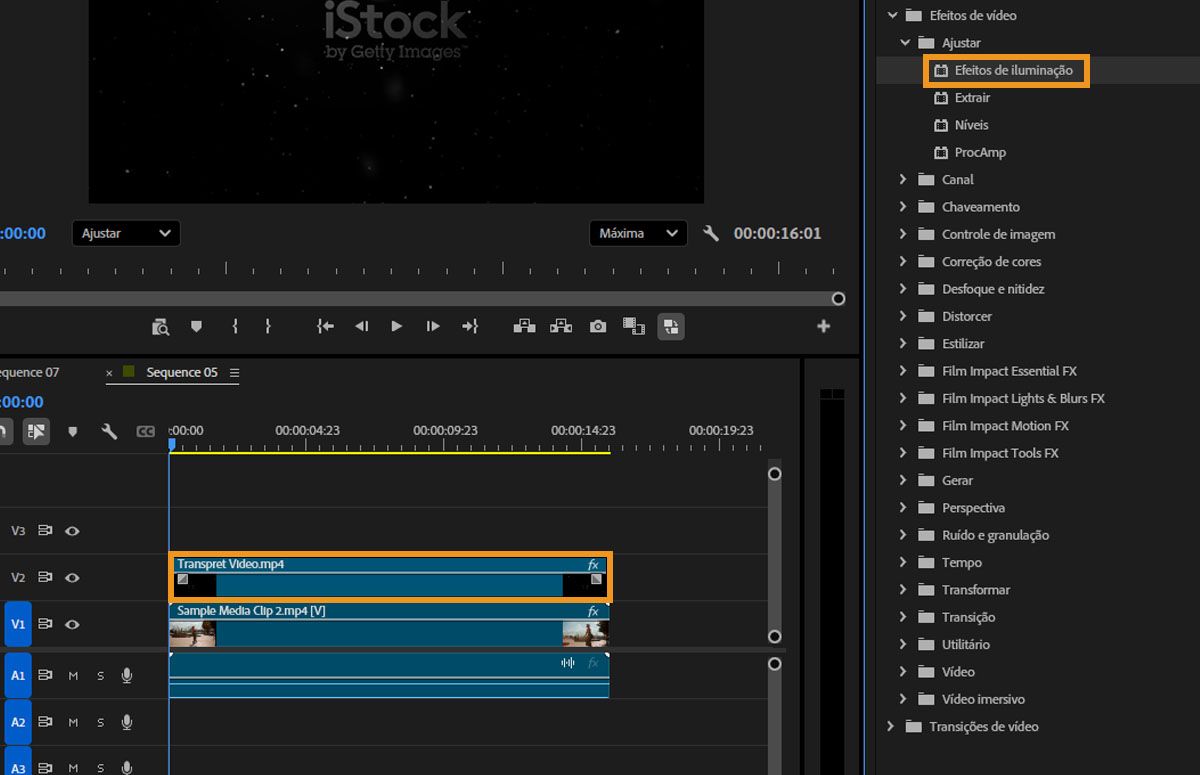 Os Efeitos de raio são selecionados no painel Efeitos e aplicados ao clipe de vídeo transparente na linha do tempo.