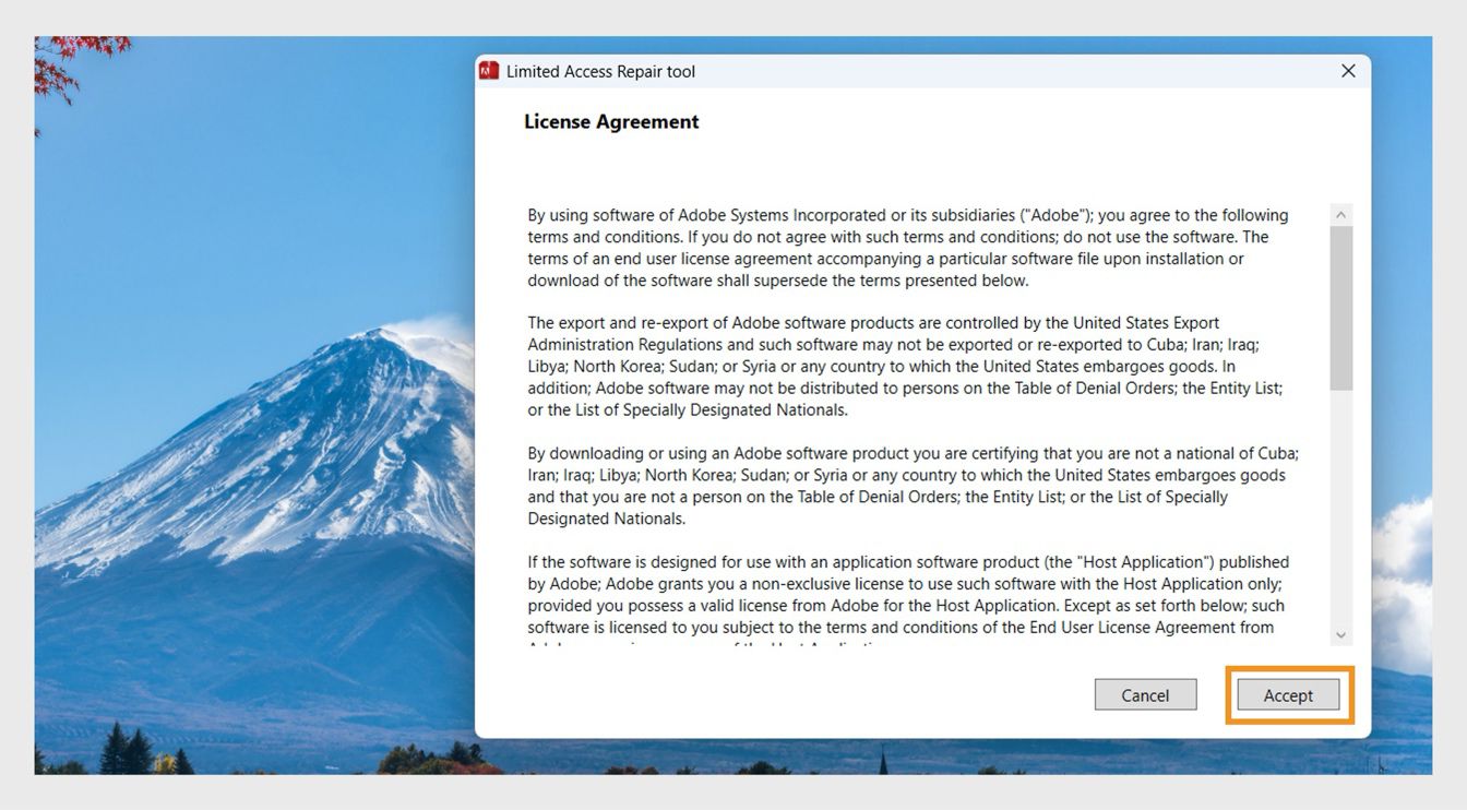 Limited Access labošanas rīka logā tiek parādīts licences līgums par Limited Access labošanas rīka izmantošanu, kā arī iespējas pieņemt vai atcelt licences līgumu.