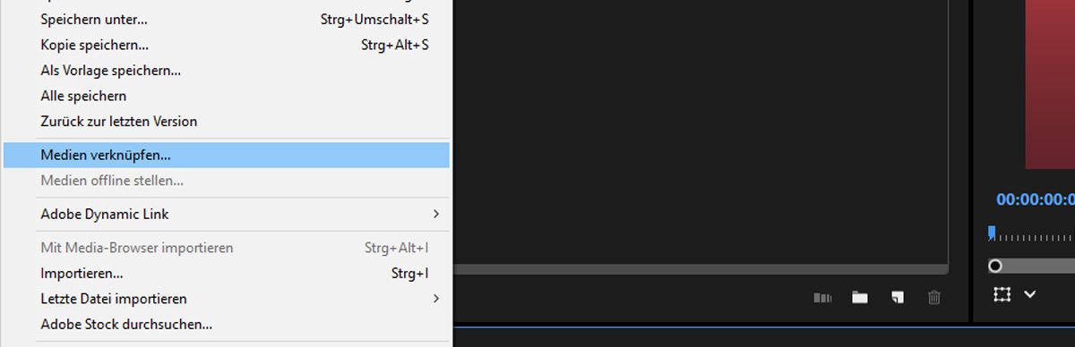 Die Option „Medien verknüpfen“ im Menü „Datei“ ist ausgewählt, um Medien in Premiere Pro erneut mit Team Projects zu verknüpfen.
