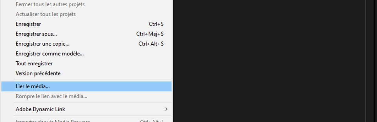L’option Lier les médias du menu Fichier est sélectionnée pour rétablir la liaison des médias dans Premiere Pro avec Team Projets.