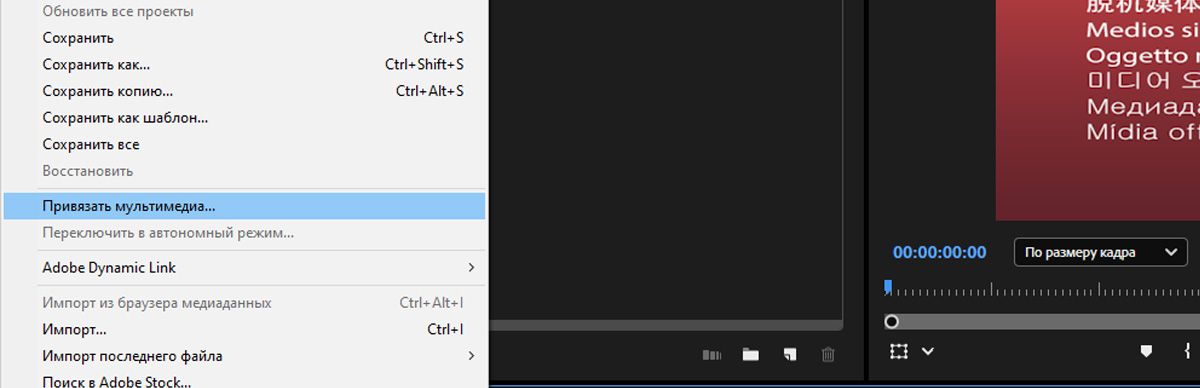 Выбран параметр «Привязать медиаданные» в меню «Файл», чтобы повторно связать медиаданные в Premiere Pro с Team Projects.
