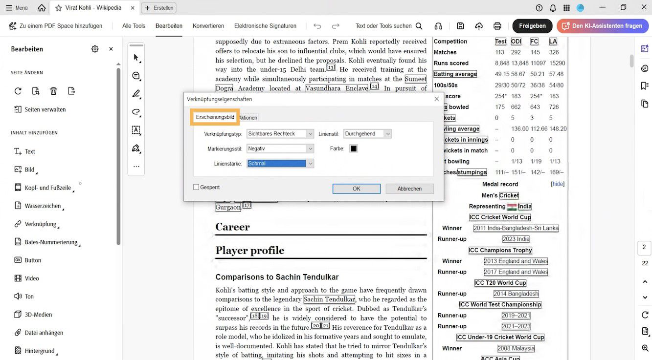 Das Dialogfeld für Verknüpfungseigenschaften zeigt die Registerkarten „Erscheinungsbild“ und „Aktionen“ an. Die Registerkarte „Erscheinungsbild“ ist hervorgehoben, um das Erscheinungsbild der Verknüpfung zu ändern.