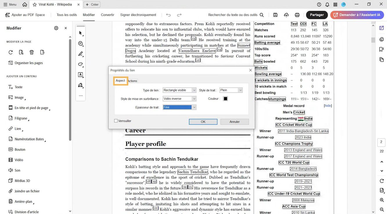 La boîte de dialogue Propriétés du lien affiche les onglets Aspect et Actions.L’onglet Aspect est mis en évidence ; il permet de modifier l’aspect du lien.