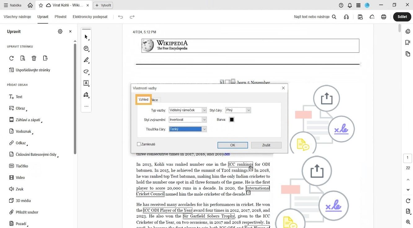 Dialogové okno Vlastnosti odkazu zobrazuje karty Vzhled a Akce.Karta Vzhled je zvýrazněna pro změnu vzhledu odkazu.