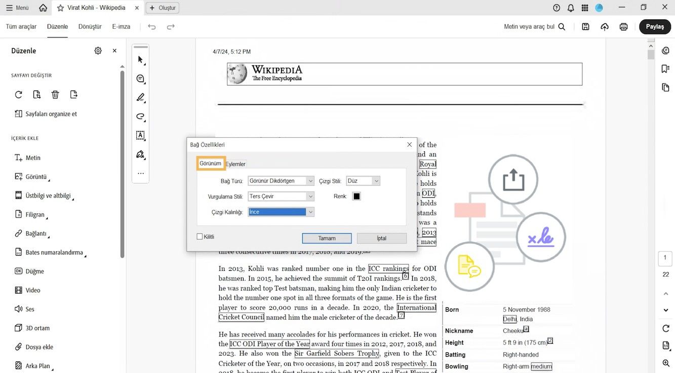 Bağlantı Özellikleri iletişim kutusunda Görünüm ve Eylemler sekmeleri görüntülenir.Bağlantı görünümünü değiştirmek için Görünüm sekmesi vurgulanır.