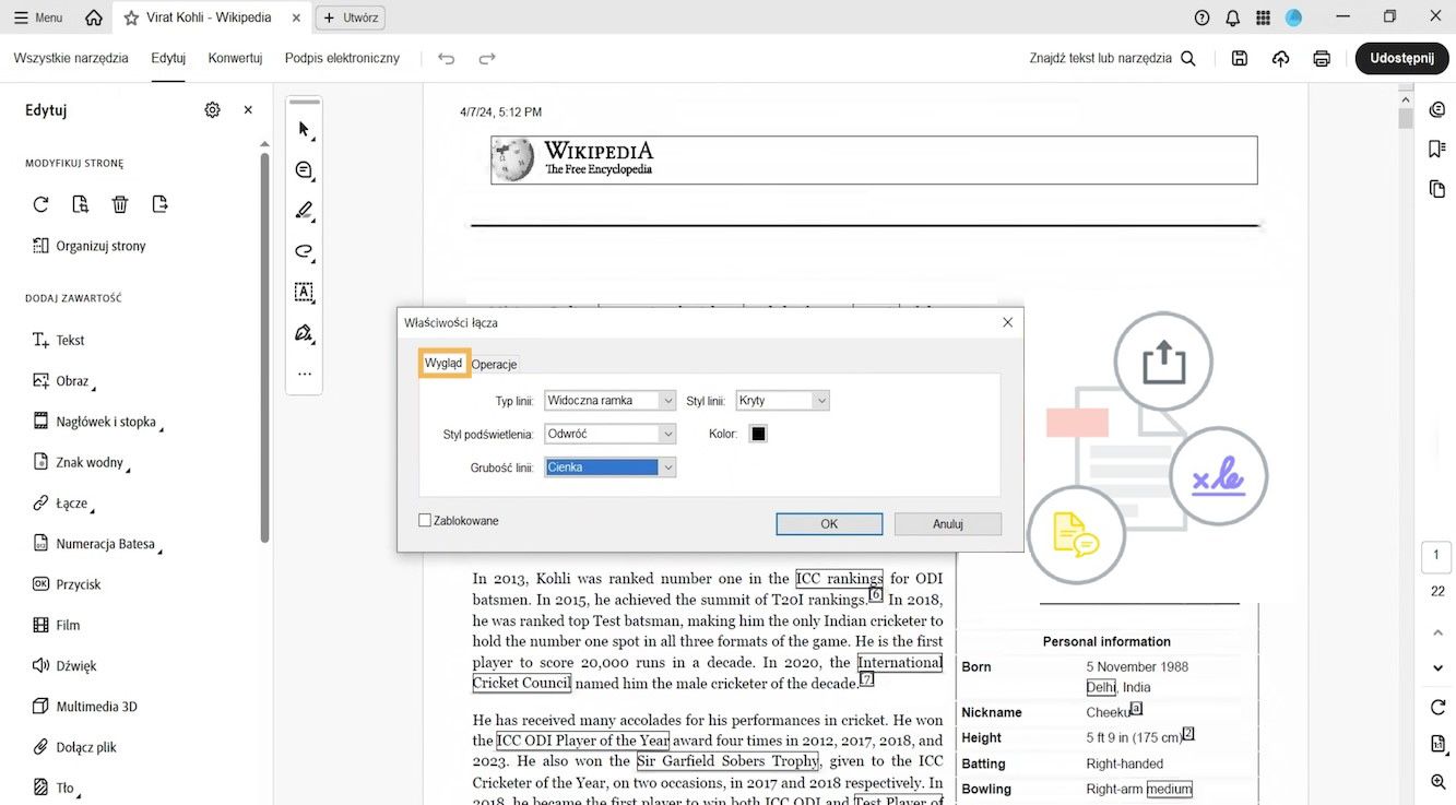 Okno dialogowe Właściwości łącza zawiera karty Wygląd i Operacje. Karta Wygląd jest podświetlona, umożliwiając zmianę wyglądu łącza.