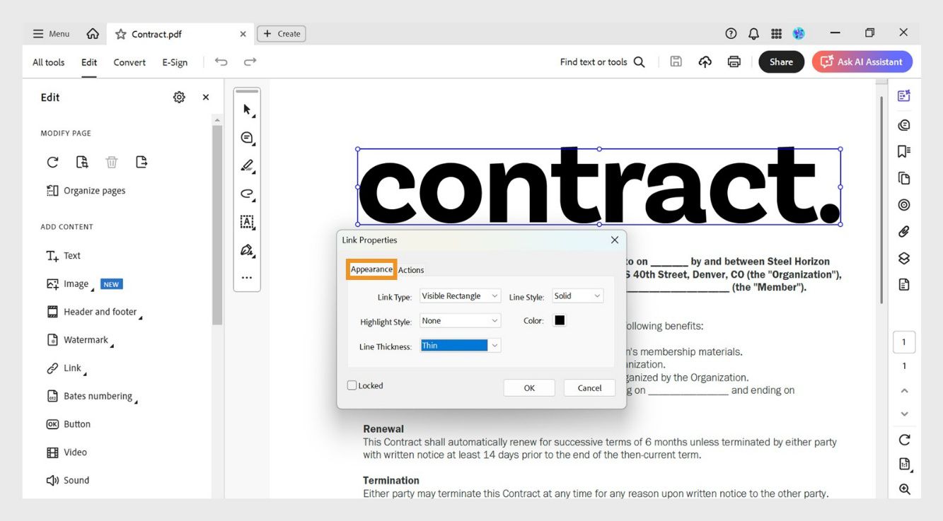 Ipinapakita ng Link Properties dialog box ang mga tab na Appearance at Actions. Naka-highlight ang Appearance tab para baguhin ang hitsura ng link.