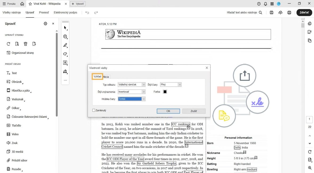 Dialógové okno Vlastnosti odkazu zobrazuje karty Vzhľad a Akcie.Karta Vzhľad je zvýraznená, aby bolo možné zmeniť vzhľad odkazu.