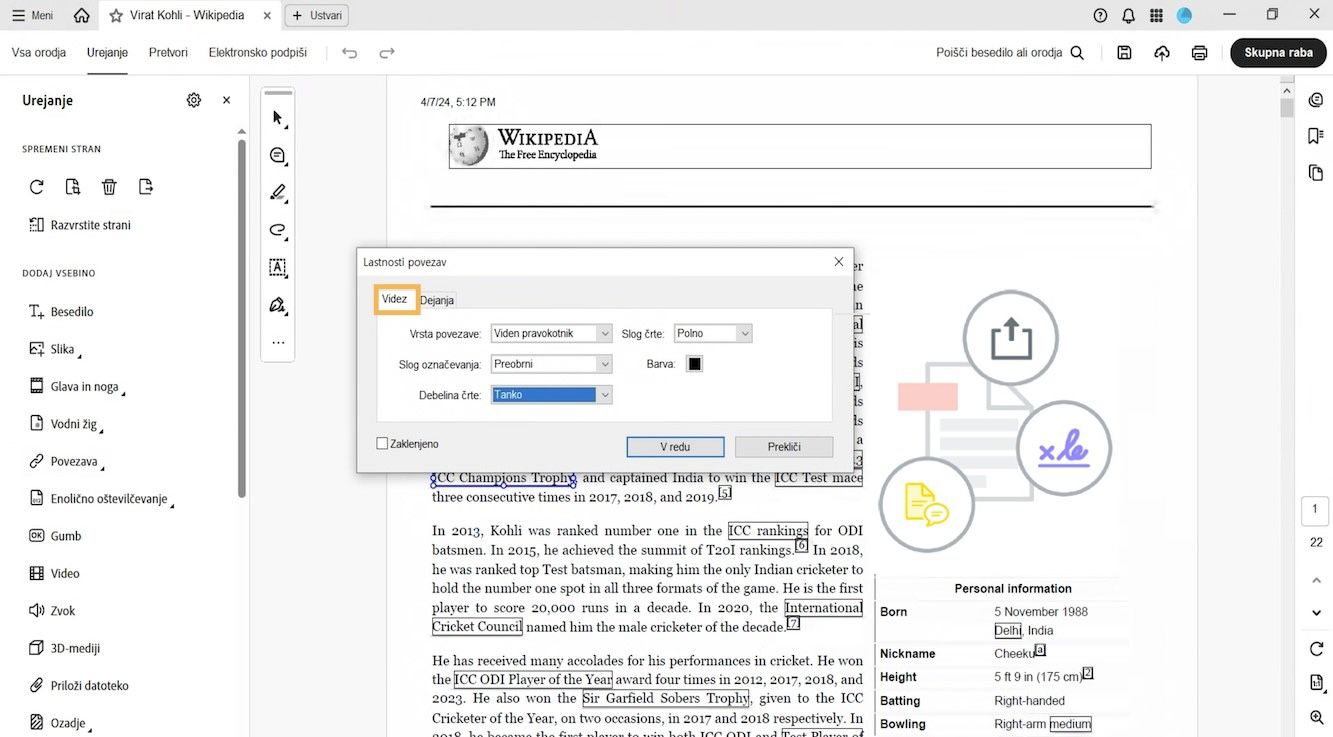 Pogovorno okno Lastnosti povezave prikazuje zavihka Videz in Dejanja. Zavihek Videz je označen za spreminjanje videza povezave.
