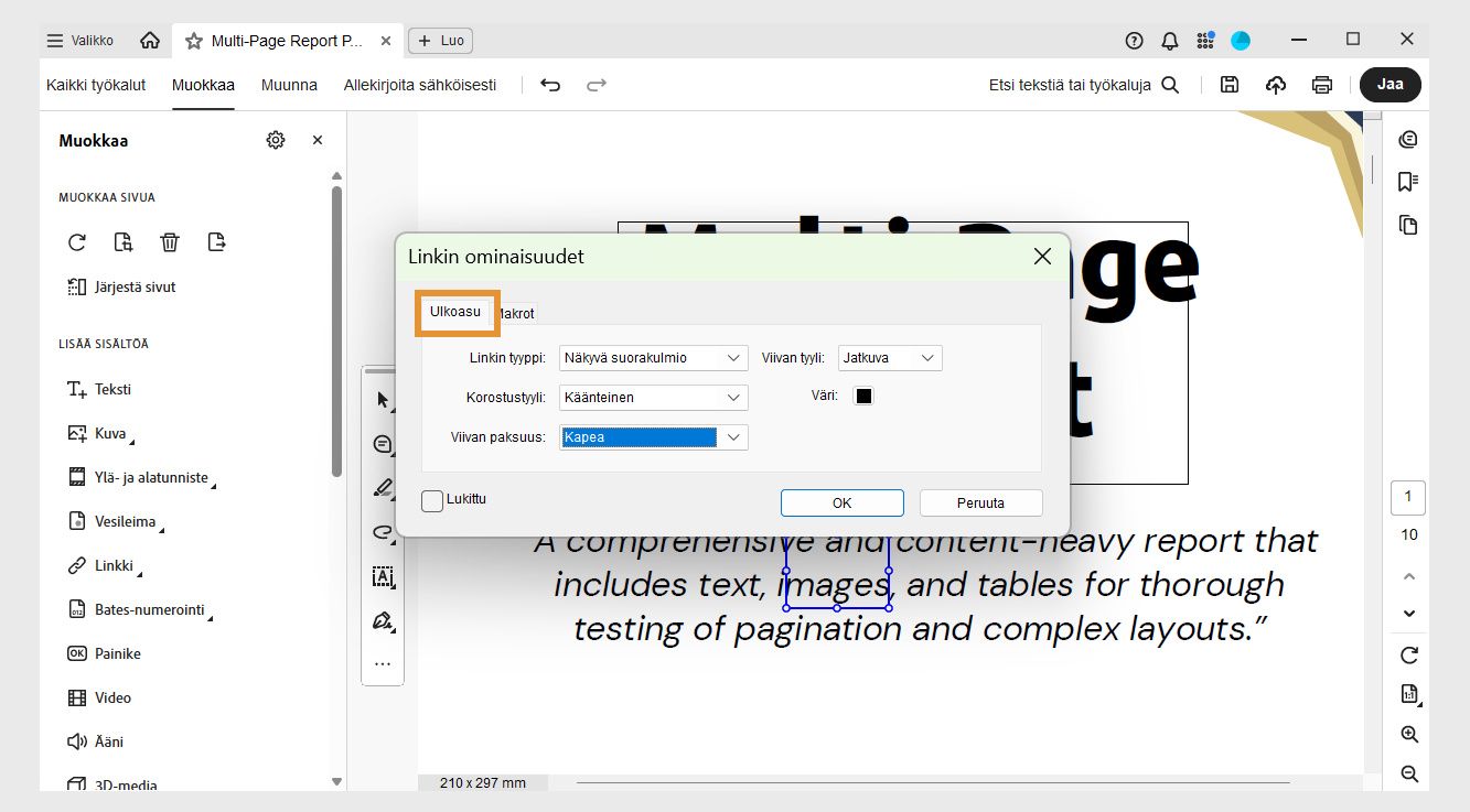 Linkin ominaisuudet -valintaikkunassa on Ulkoasu- ja Toiminnot-välilehdet. Ulkoasu-välilehti on korostettu linkin ulkoasun muokkaamista varten.