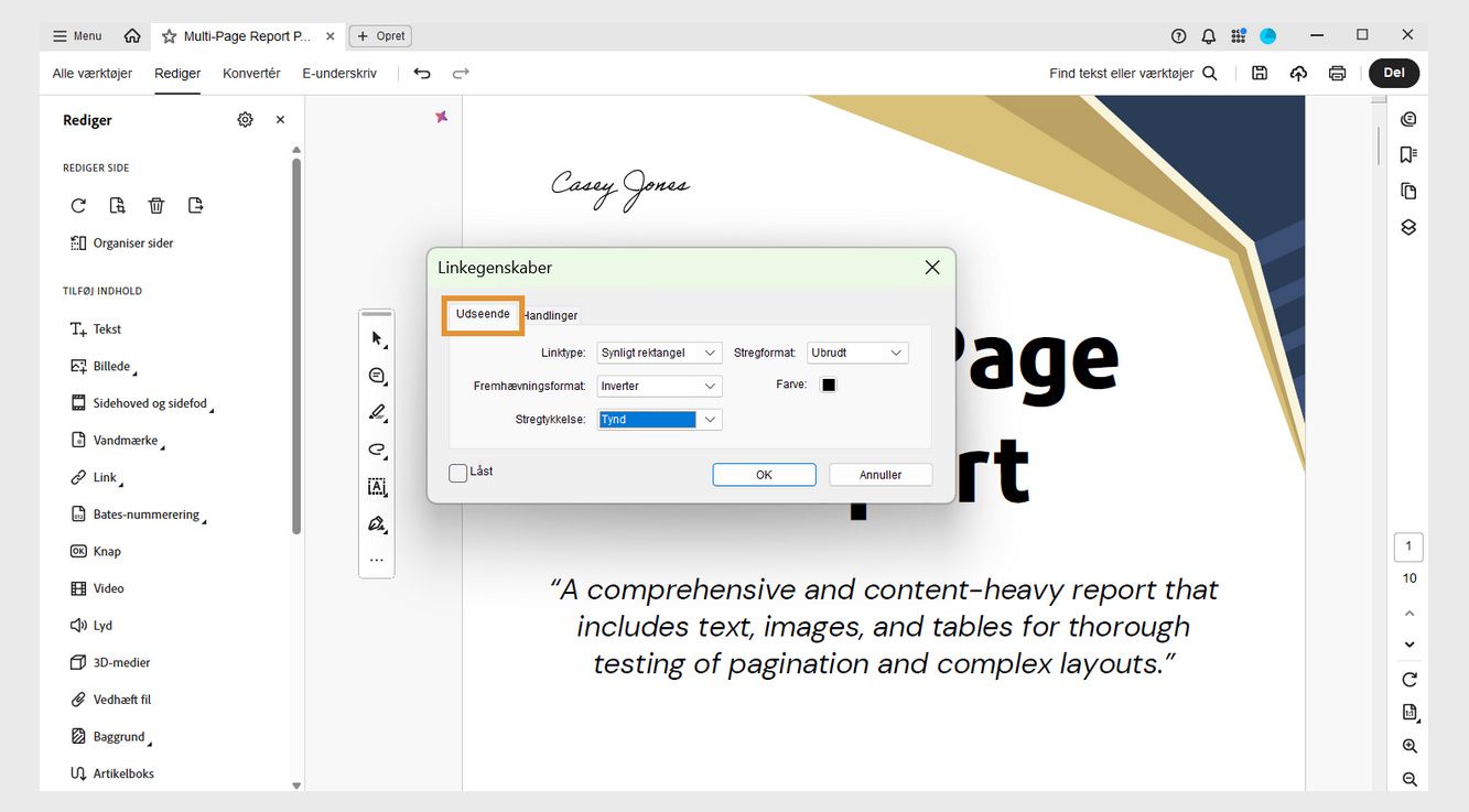 Dialogboksen Linkegenskaber viser fanebladene Udseende og Handlinger. Fanen Udseende er fremhævet for at ændre linkudseendet.