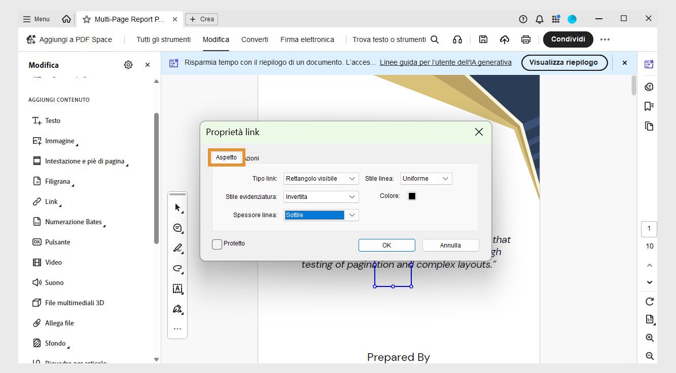 La finestra di dialogo Proprietà link mostra le schede Aspetto e Azioni. La scheda Aspetto è evidenziata per consentirti di modificare l’aspetto del link.