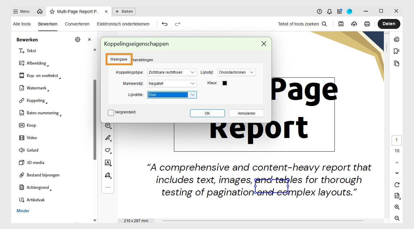 Het dialoogvenster Koppelingseigenschappen toont de tabbladen Weergave en Acties. Het tabblad Weergave is gemarkeerd om de weergave van de koppeling te wijzigen.