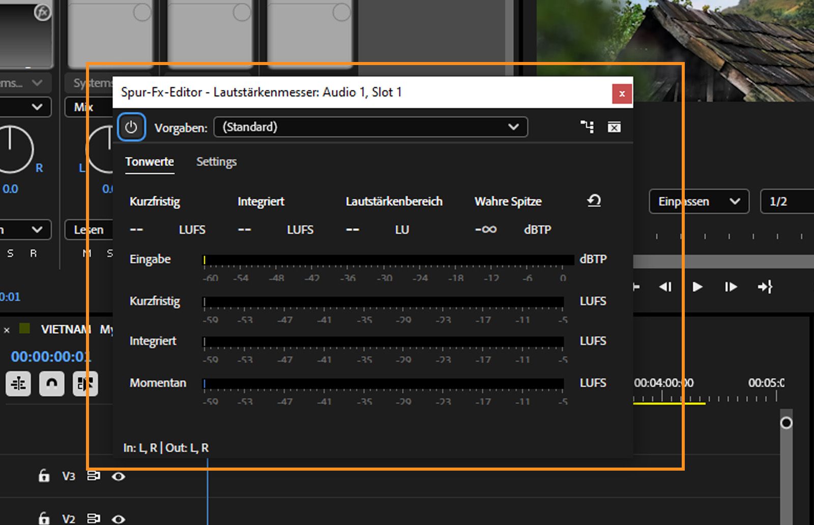 Das Dialogfeld „Lautstärkemessung“ zeigt die Registerkarte „Tonwertkorrektur“ mit Optionen wie „Eingabe“, „Kurzzeit“, „Integriert“ und „Temporär“ an.